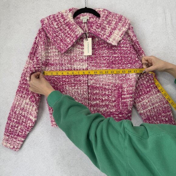 Sundance Sweater Womens Small Pink White Zip Front Collared Chunky Knit Pockets - Picture 6 of 8